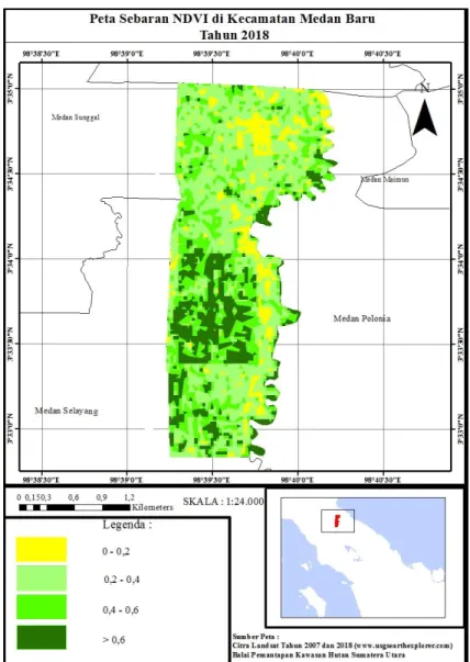 Gambar  4.  Peta  Sebaran  Normalized  Difference  Vegetation  Index  (NDVI)  Di  Kecamatan Medan Baru Tahun 2018 