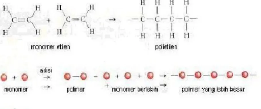 Gambar 1.Monomer etilena mengalami reaksi adisi membentuk polietilena yang digunakan   sebagai tas   plastik,   pembungkus   makanan,   dan   botol