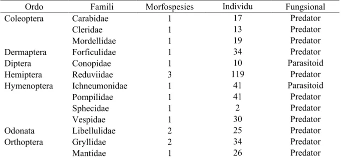Tabel 2. Kelimpahan serangga predator dan parasitoid pada perkebunan kelapa sawit 
