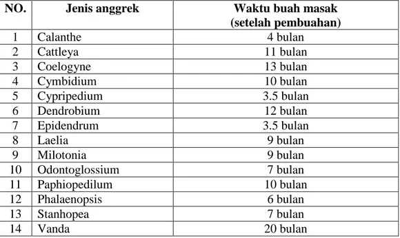 Tabel 1. Lama waktu masak beberapa jenis buah anggrek (Pierik, 1987). 