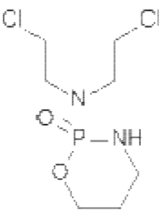 Gambar 1. Struktur kimia cyclophosphamide (N,N-bis(2-chloroethyl)-1,3,2- (N,N-bis(2-chloroethyl)-1,3,2-oxazaphosphinan-2-amine 2-oxide)