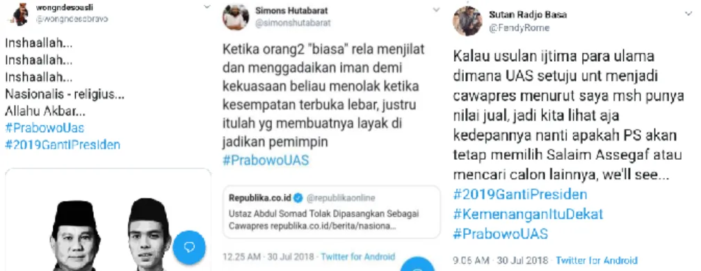 Gambar 1. Tweet tentang rekomendasi nama Ustad Abdul Somad sebagai cawapres Prabowo  Subianto (sumber data primer www.twitter.com) 