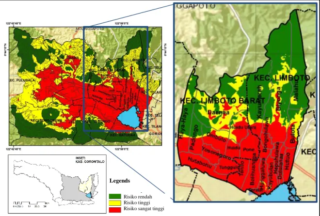 Gambar 9. Hasil analisis risiko bencana banjir di wilayah penelitian berdasar analisis         karakteristik DAS Limboto (dengan modifikasi) 