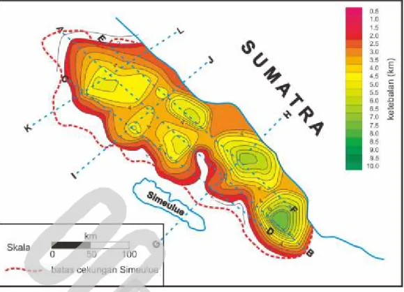 Gambar  5. Peta pola penyebaran ketebalan sedimen dalam cekungan Simeulue.