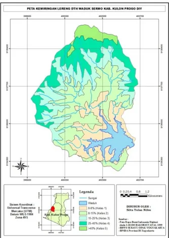 Gambar 6. Peta Kemiringan Lereng DTH Waduk Sermo  5.1.4  Nilai Faktor Konservasi Tanah dan Sistem Pertanaman (VM) 