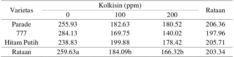 Tabel 3. Pengaruh konsentrasi kolkisin dan varietas terhadap rataan panjang tanaman (cm) 