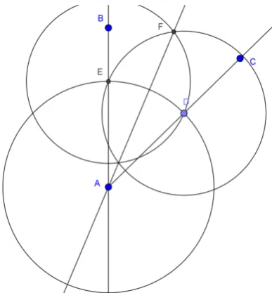 Gambar 12. Garis bagi sudut dengan (1) membuat ruas garis   bagi tegak lurus , (2) membuat garis    menggunakan tool “perpendicular bisector”, (3) menentukan titik potong garis tersebut dan ruas garis    yaitu  