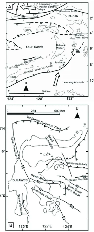 Gambar 7. Peta struktut wilayah Sulawesi dan Papua menggambarkan  sebaran  sesar  mendatar  utama  yang  diikuti  sebarn  cekungansedimen berpola acak (lihat Gambar 1).
