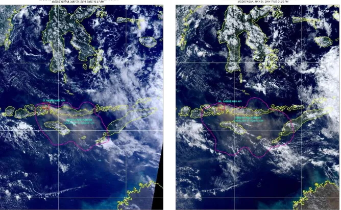 Gambar 1. Kejadian erupsi G.Sangeangapi di Nusa Tenggara Timur pada tanggal 31 Mei 2014 yang  terekam oleh satelit Terra dan Aqua MODIS