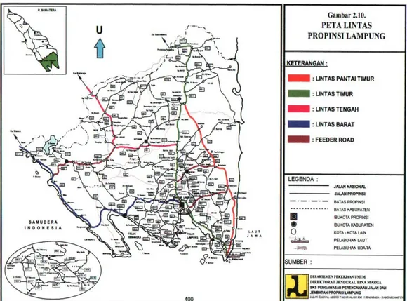 Gambar 2.1. Peta Jaringan Jalan Provinsi dan Nasional di Propinsi Lampung.  (Sumber: Departemen Pekerjaan Umum) 