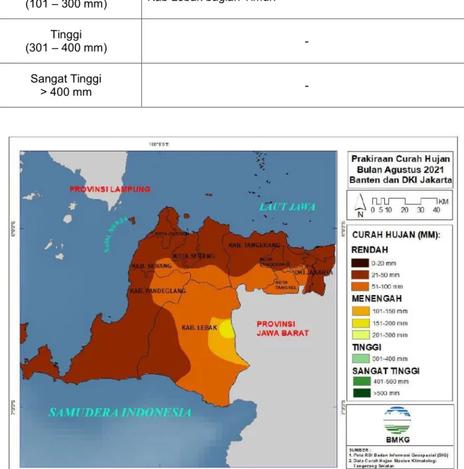 Gambar 19. Peta Prakiraan Curah Hujan  Bulan Agustus 2021 Provinsi Banten dan DKI Jakarta 