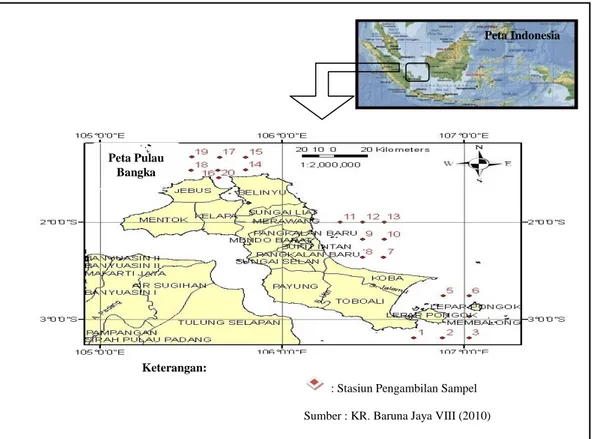 Gambar 1. Peta lokasi pengambilan sampel zooplankton di bagian selatan, timur dan  utara Pulau Bangka