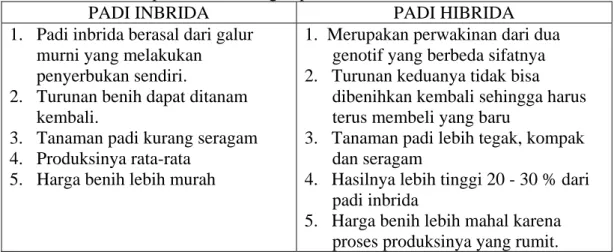 Tabel 1. Perbedaan padi inbrida dengan padi hibrida 