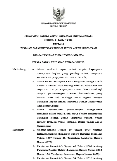 PERATURAN KEPALA BADAN PENGAWAS TENAGA NUKLIR NOMOR 8 TAHUN 2013 ...