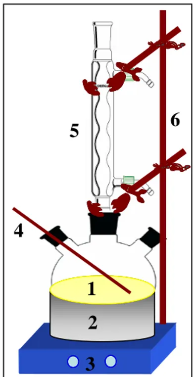 Gambar 1. Peralatan pembuatan polyol (1) Labu leher  tiga, (2) Water bath, (3) Hot plate magnetic stirrer, 