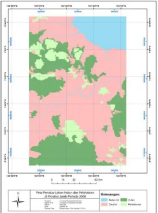 Gambar 5. Peta Analisis Penutup Lahan Hutan dan Perkebunan di Jambi Peride 2000 Menggunakan Metode Visual