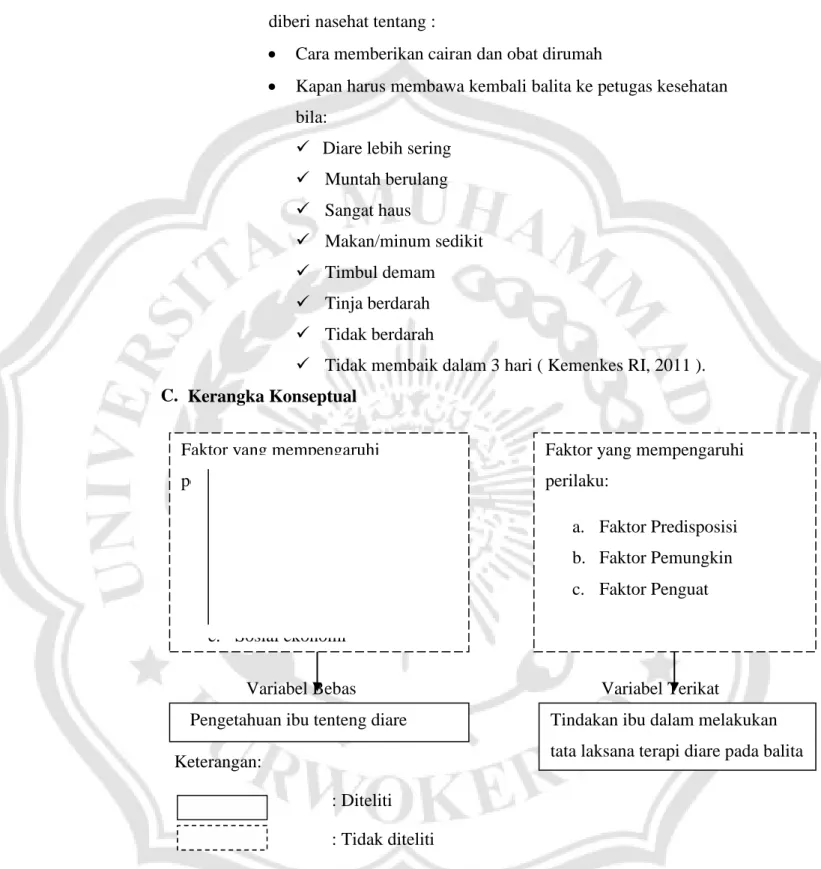 Gambar 2.1Kerangka   konsep   pengetahuan   dan   tindakan   ibu   dalam melakukan tata  laksana terapi diare pada balita di  Kecamatan Kalibagor 
