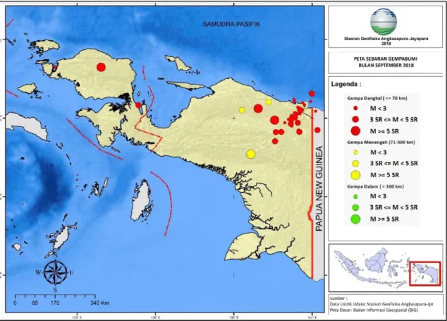 Gambar 1.1  Peta Seismisitas Hasil Analisis Stasiun Geofisika Angkasapura – Jayapura   Bulan September 2018 