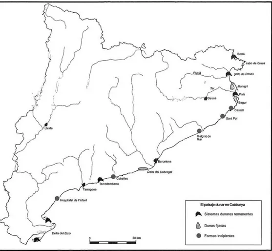 Fig. 1. Localización de los paisajes dunares en la costa catalana.