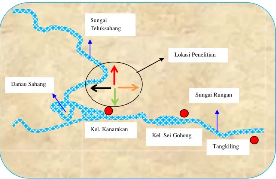 Gambar 4.5. Peta Lokasi Penelitian di kawasan hutan                                            Kelurahan Kanarakan                   Sungai  Teluksahang Danau Sahang  Kel