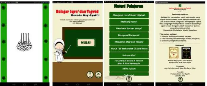 Gambar 3: Tampilan bebetapa bagian dari Aplikasi pembelajaran Iqra‟ dan Tajwid Berdasarkan  Metode Asy-syafi‟i 