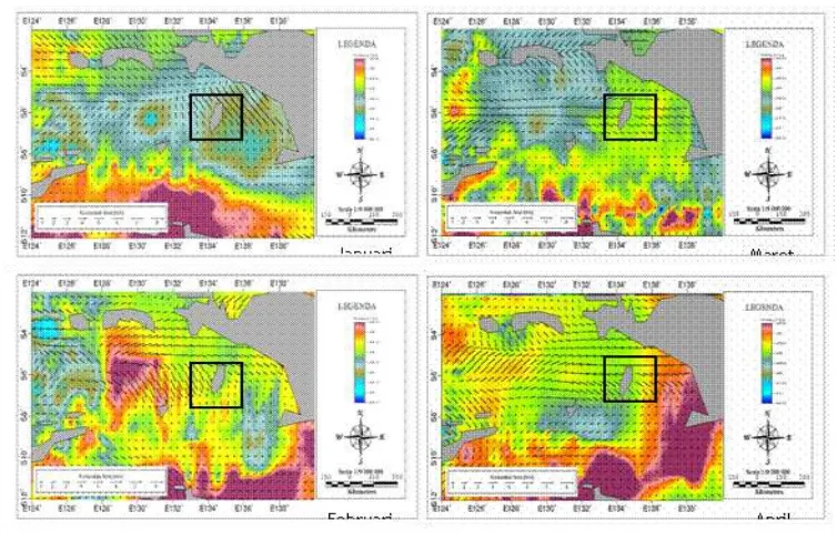 Gambar 1.  Peta Komponen Arus dan Suhu permukaan bulanan (Januari-April) disekitar perairan Maluku termasuk Wilayah Kepulauan Aru (inzet) 