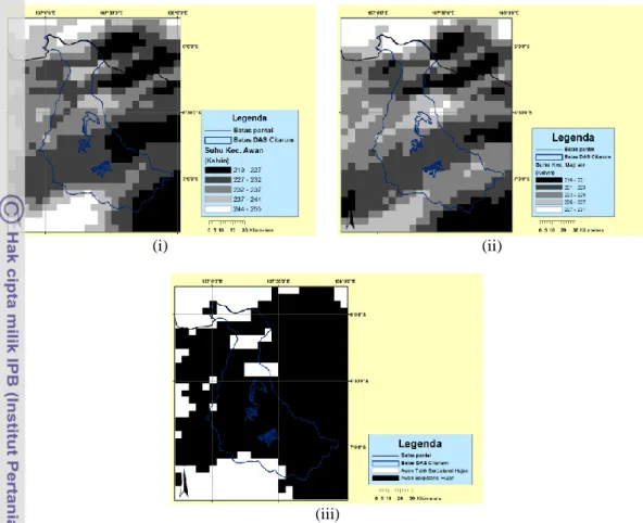 Gambar 14 Proses klasifikasi awan potensi hujan: (i) suhu kecerahan awan dari MTSAT IR1; (ii)  suhu kecerahan uap air dari MTSAT IR3; (iii) awan potensi hujan 
