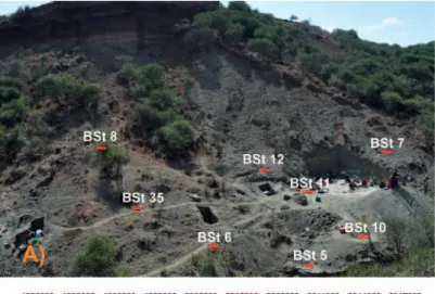 Figure 2. A) General view of the base stations (BSt) location at HWKEE (Olduvai Gorge)