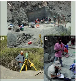 Figure 5. Excavation of the HWKEE main  trench during the 2014 field season; A) the  total station is positioned a few meters away  from the trench to ensure full visibility and  safety of the instrument