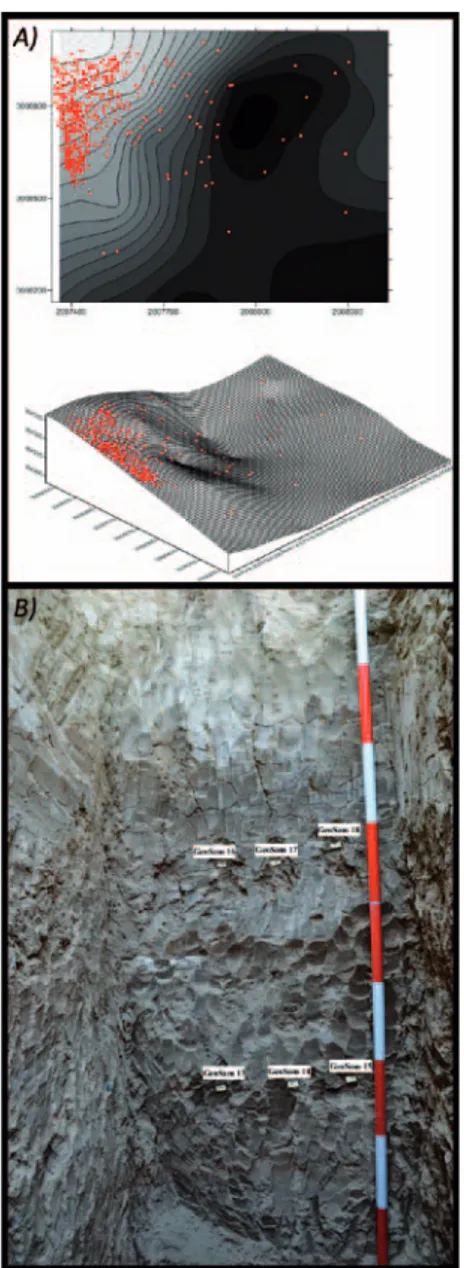 Figure 8. A) 3D reconstruction of 1 m 2  of the  paleosurface over which archaeological unit  N1C is laid at the Buendia rockshelter (red  dots are artefacts recorded during the 2005  field season)