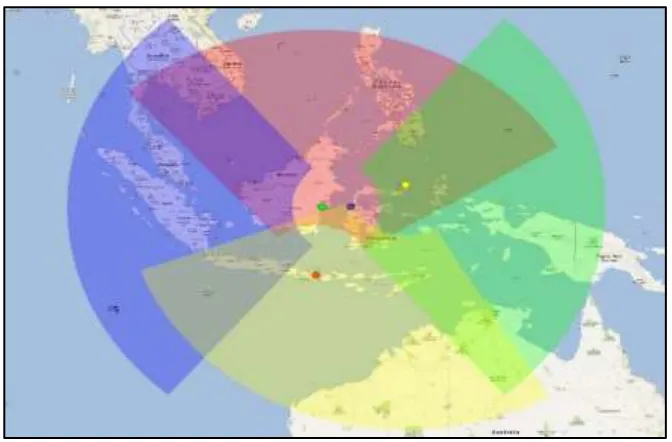Gambar 7. Proyeksi jangkauan OTH Radar di Mataram, Manado, Palu dan Balikpapan 