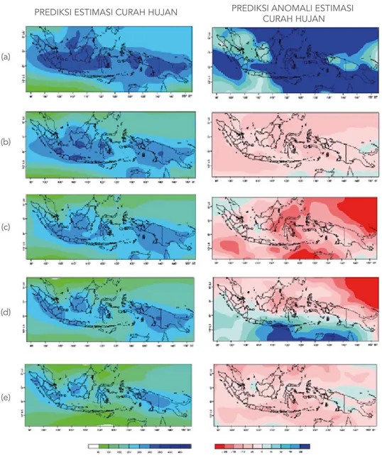 Gambar 3. Hasil Prediksi Estimasi Curah Hujan dan Anomalinya Bulan Desember 2011  hingga Bulan April 2012
