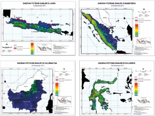 Gambar 3-4a. Informasi spasial banjir harian yang terjadi di Indonesia (Pulau Jawa,  Sumatera, Kalimantan dan Sulawesi) pada tanggal 24 Desember 2011