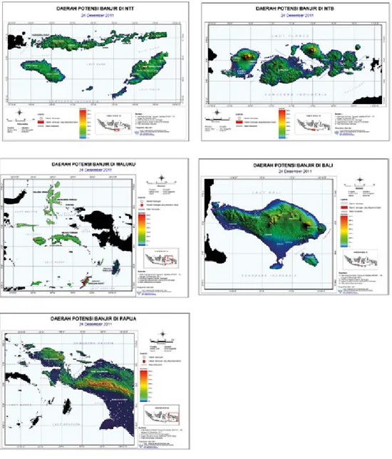 Gambar 3-4b. Informasi spasial banjir harian yang terjadi di Indonesia (Nusa Tenggara Timur,  Nusa Tenggara Barat, Maluku, Bali, dan Papua) pada tanggal 24 Desember 2011