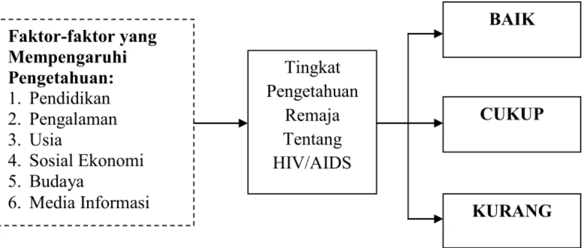 Gambar 2.2 Kerangka Konsep Penelitian Tingkat Pengetahuan Remaja Tentang HIV/AIDS  BAIK  CUKUP  KURANG Faktor-faktor yang Mempengaruhi Pengetahuan: 1
