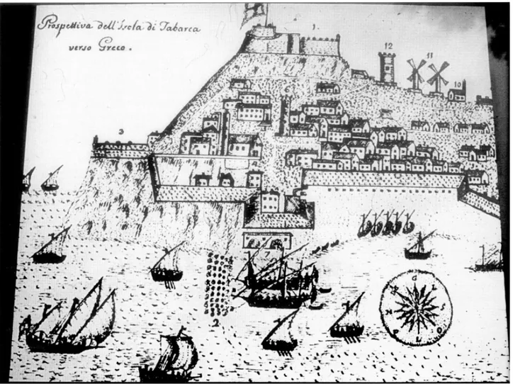 Figura 12. Dibujo titulado “Prospettiva dell’Isola di Tabarca verso Greco” (Biblioteca Real de Turín; Manoscritti di Storia Patria, vol 900/P, fº 3)