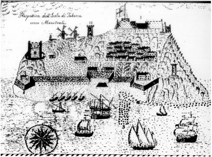Figura 13. Dibujo titulado “Prospettiva dell’Isola di Tabarca verso Maestrali” (Biblioteca Real de Turín; Manoscritti di Storia Patria, vol 900/P, fº 3)