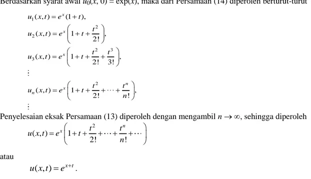 Gambar    1    Perbandingan  solusi  eksak  dengan  u 2 (x,  t)  dan  u 8 (x,  t)  dari  Persamaan  (13)  dengan  2  t 6  : (a)  0  x 2 ,  (b) x = 2