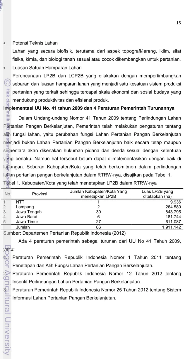 Tabel 1. Kabupaten/Kota yang telah menetapkan LP2B dalam RTRW-nya 
