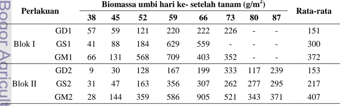 Tabel 6 Hasil pengukuran biomassa umbi 