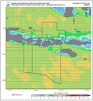 Gambar 3. Analisis arah dan kecepatan angin permukaan tanggal 26 Mei 2021 pukul 08.00 WITA 