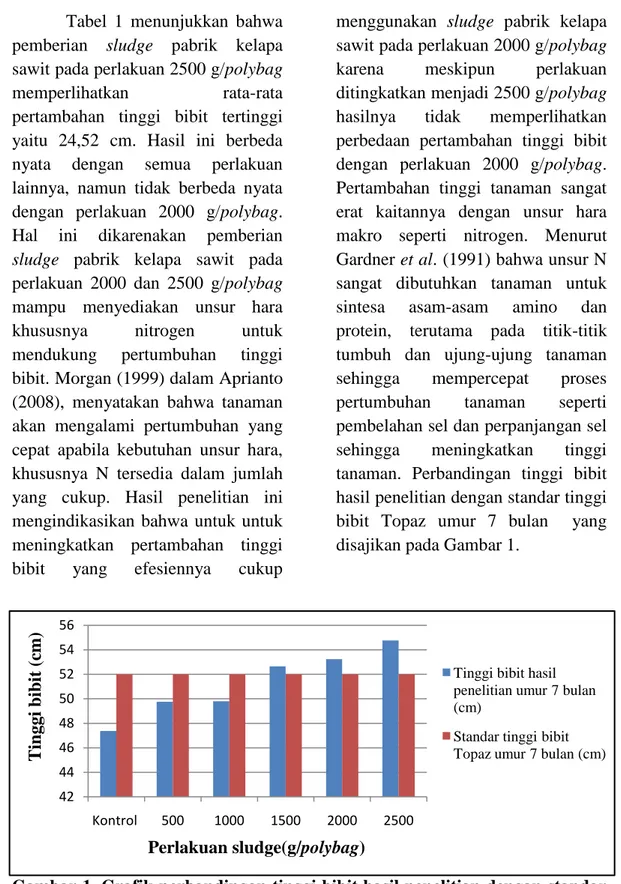 Gambar 1. Grafik perbandingan tinggi bibit hasil penelitian dengan standar    tinggi bibit Topaz umur 7 bulan