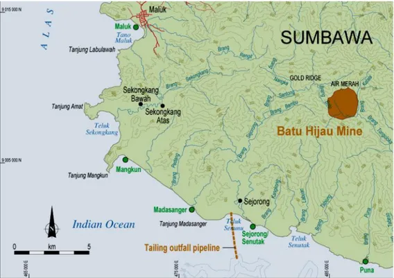 Gambar  1.  Lokasi  pengamatan  di  lima  stasiun  (lingkaran  tertutup  warna  hijau)  daerah  pasang surut di pesisir Batu Hijau