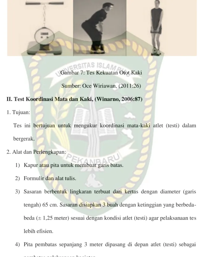 Gambar 7: Tes Kekuatan Otot Kaki  Sumber: Oce Wiriawan, (2011:26)  II. Test Koordinasi Mata dan Kaki, (Winarno, 2006:87)  1