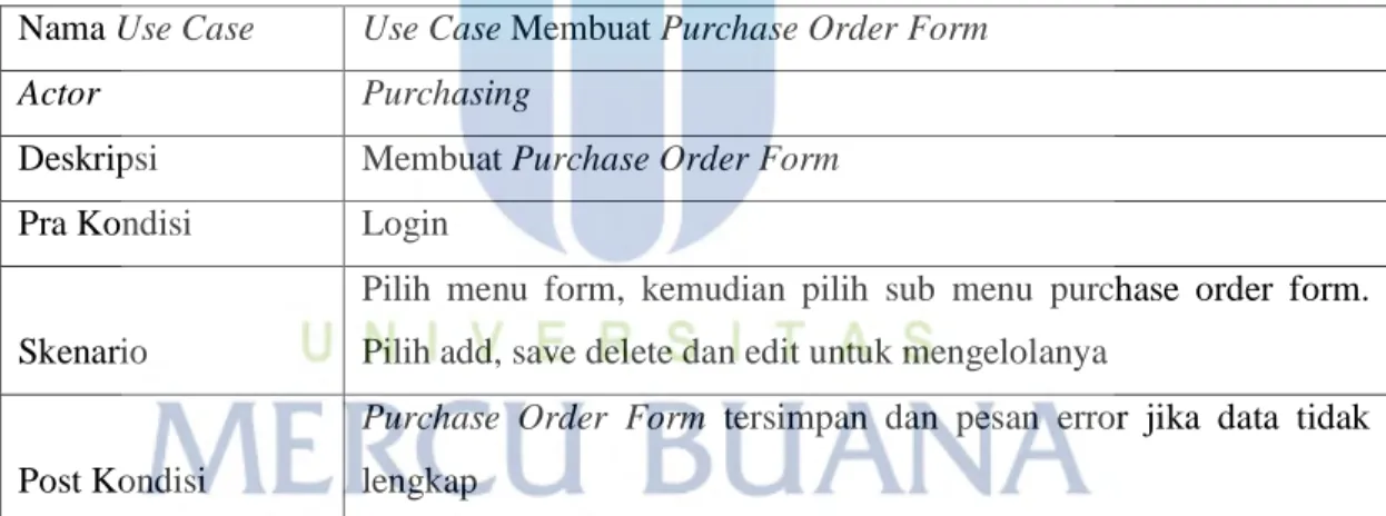 Tabel 3.10 Skenario Use Case Membuat Purchase Order Form  Nama Use Case  Use Case Membuat Purchase Order Form 