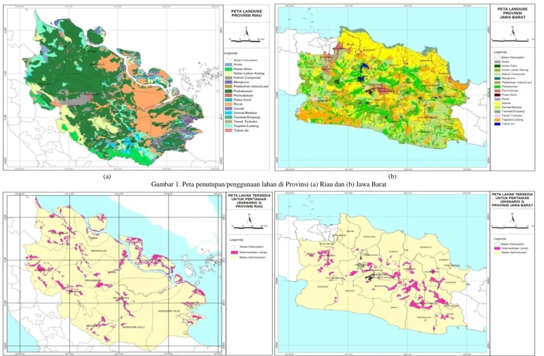 Gambar 1. Peta penutupan/penggunaan lahan di Provinsi (a) Riau dan (b) Jawa Barat 