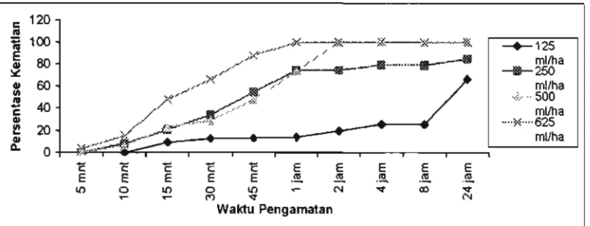 Gambar 8. Persen kelumpuhan dan kematian nyamuk uji Cx. quinquefasciatus pasca pengasapan (thermalfogging) insektisida GOKILAHT-S 50EC (pengamatan di luar rumah)