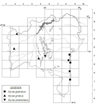 Figura 3. Distribuição geográfica de Styrax glabratus, S. griseus e S. pedicellatus no estado da Bahia