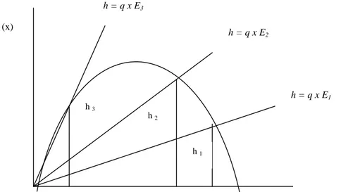 Gambar 1. Pengaruh tangkap terhadap terhadap stok (biomas)f (x)h1h2h3h = q x E3h = q x E2h = q x E1