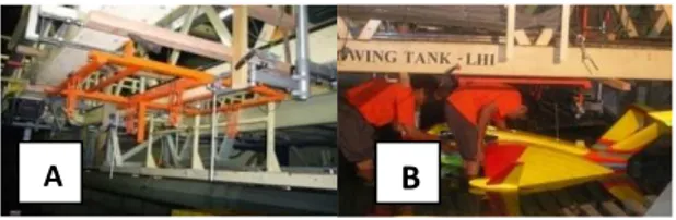 Gambar 6. Photo towing guide frame (A) untuk  pemegang model uji kapal WiSE-8 (B), di Towing 